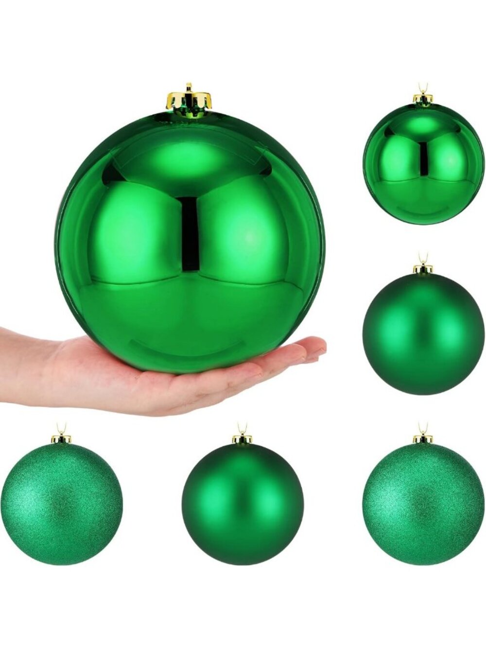 6 Pcs Large Green Christmas Ornaments - 6" Xmas Tree Decorations, Holiday Decor